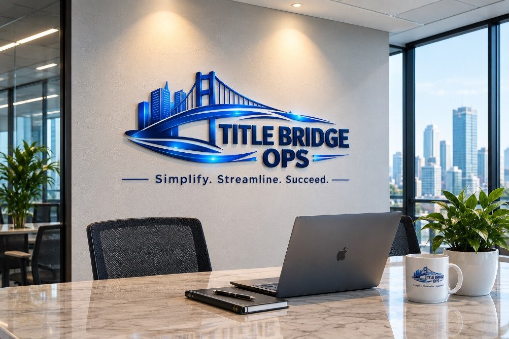 Title Bridge Ops logo on an office wall